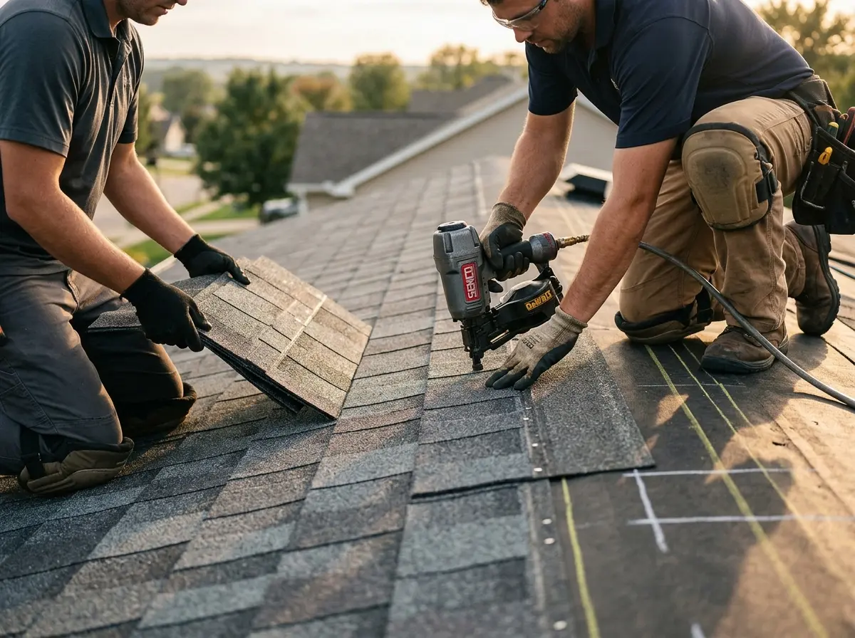 Professional roofer working on a residential roof in Western Springs